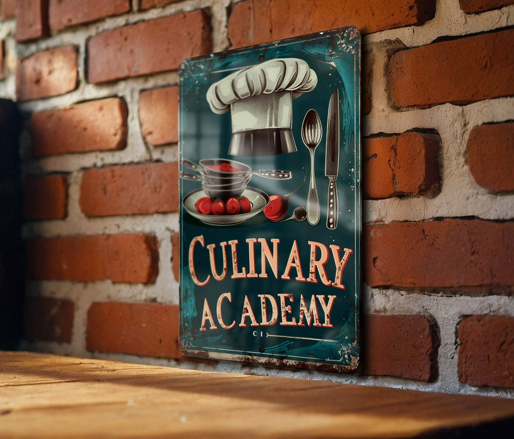 Culinary Academy Vintage Sign, Chef Hat Illustration, Rich Tones Decor, Culinary Frame Art, Playful Font Metal Sign — photo 4