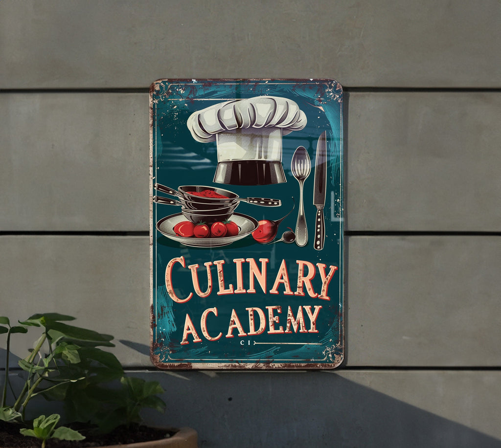 Culinary Academy Vintage Sign, Chef Hat Illustration, Rich Tones Decor, Culinary Frame Art, Playful Font Metal Sign — photo 5