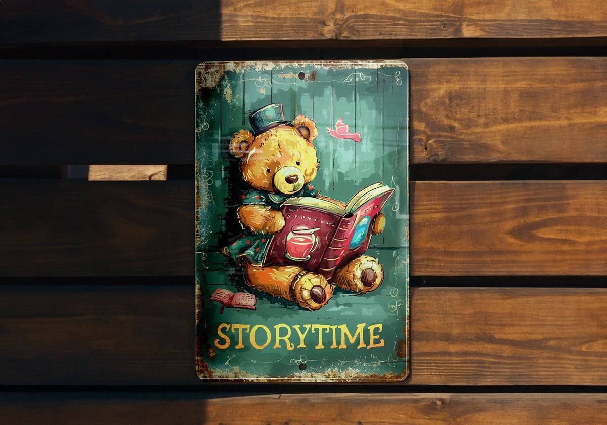 Storytime Vintage Style Aluminum Sign, Children's Storytime, Book and Teddy Bear, Bright Colors, Fun Border, Friendly Font — photo 1