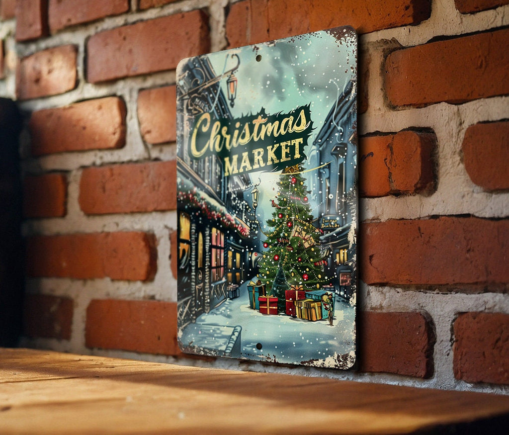Christmas Market Metal Sign, Festive Illustration, Bright Colors, Holiday Frame, Cursive Font — photo 1