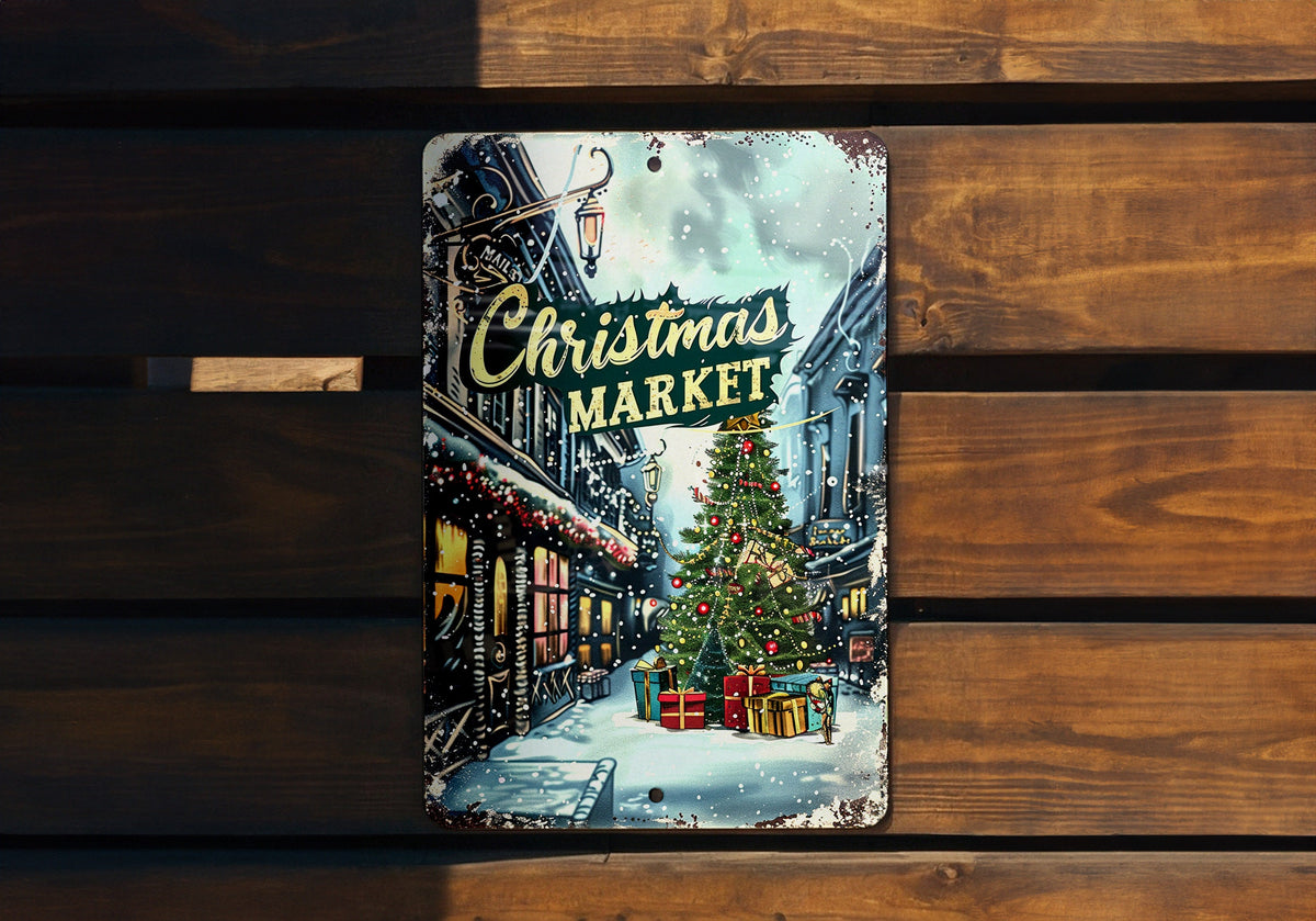 Christmas Market Metal Sign, Festive Illustration, Bright Colors, Holiday Frame, Cursive Font — photo 3