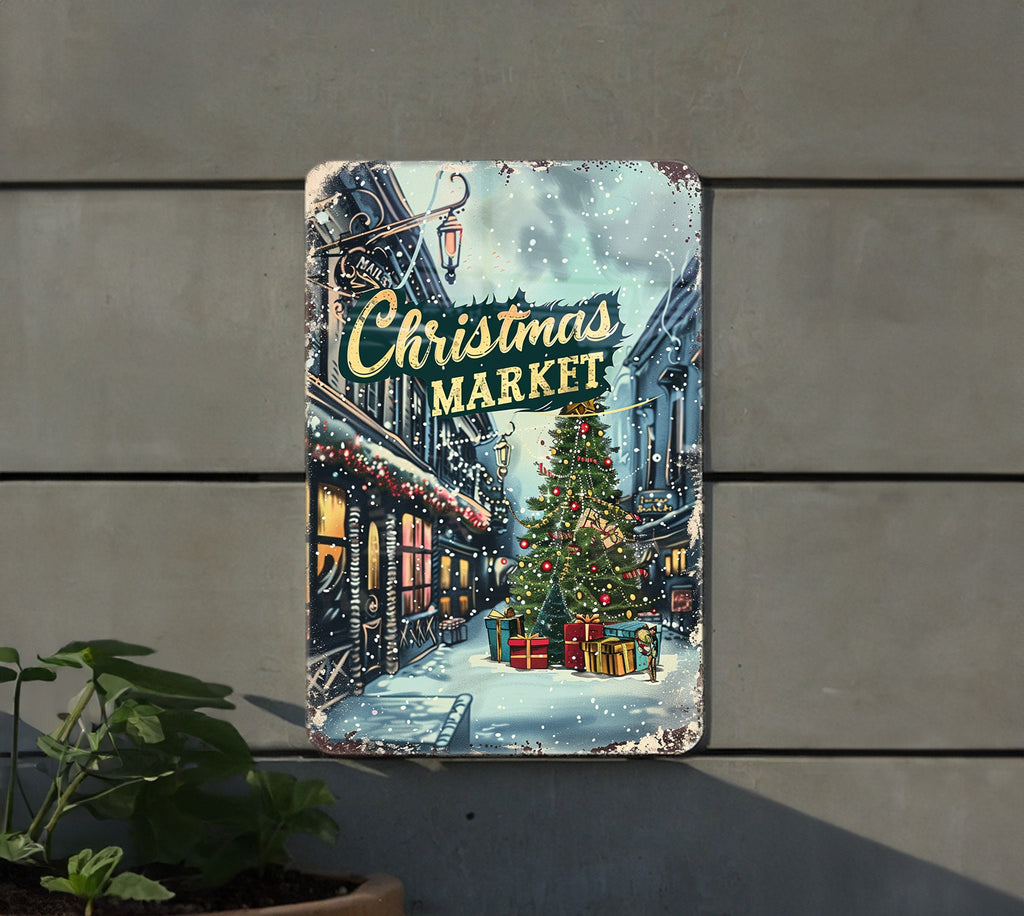 Christmas Market Metal Sign, Festive Illustration, Bright Colors, Holiday Frame, Cursive Font — photo 4