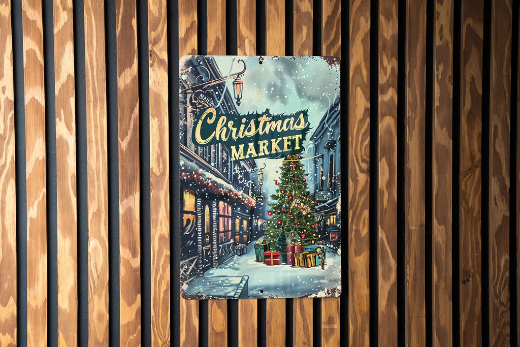 Christmas Market Metal Sign, Festive Illustration, Bright Colors, Holiday Frame, Cursive Font — photo 5