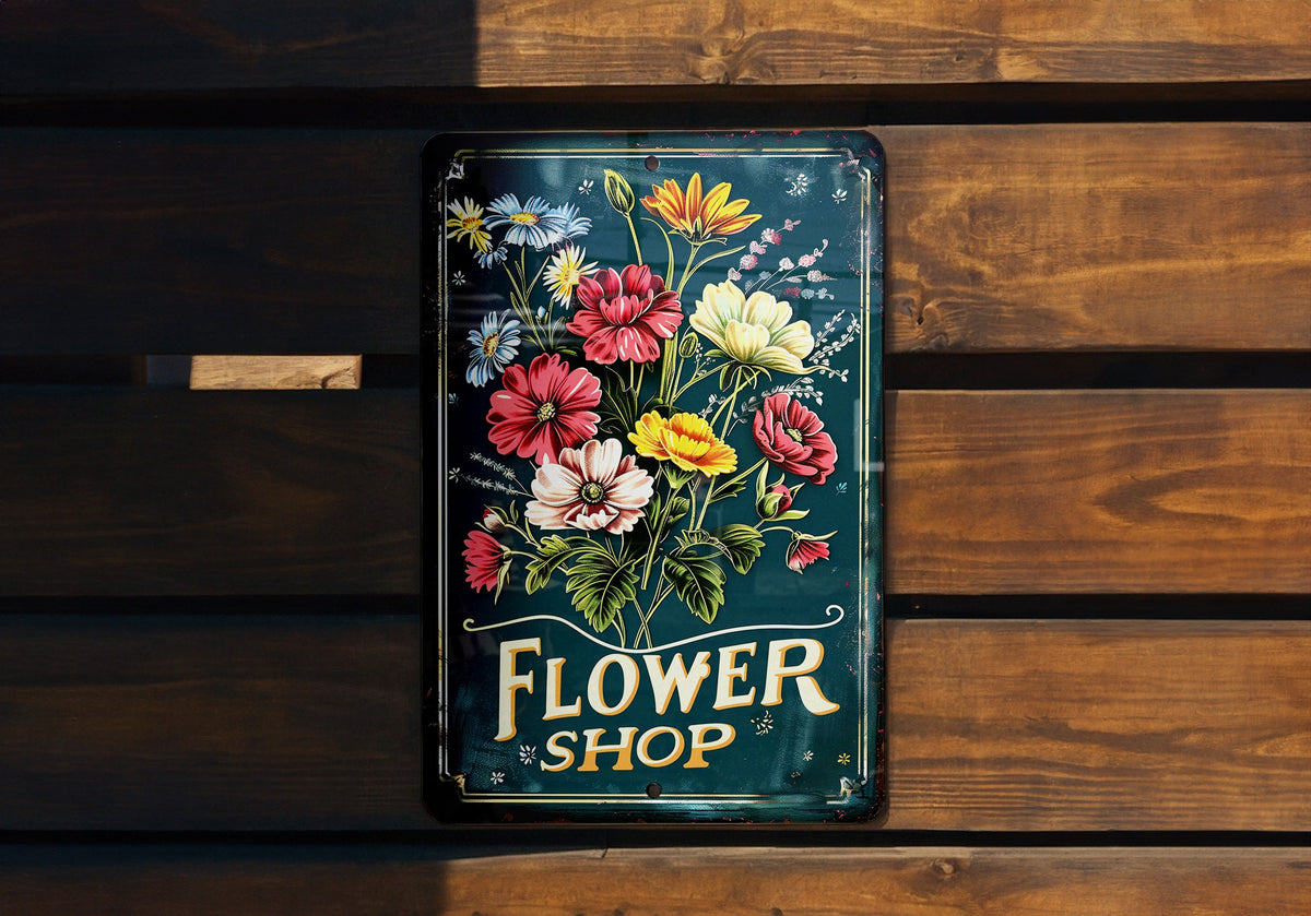 Rustic Flower Shop Metal Sign, Floral Frame, Vibrant Colors, Elegant Font, Flower Illustration — photo 1