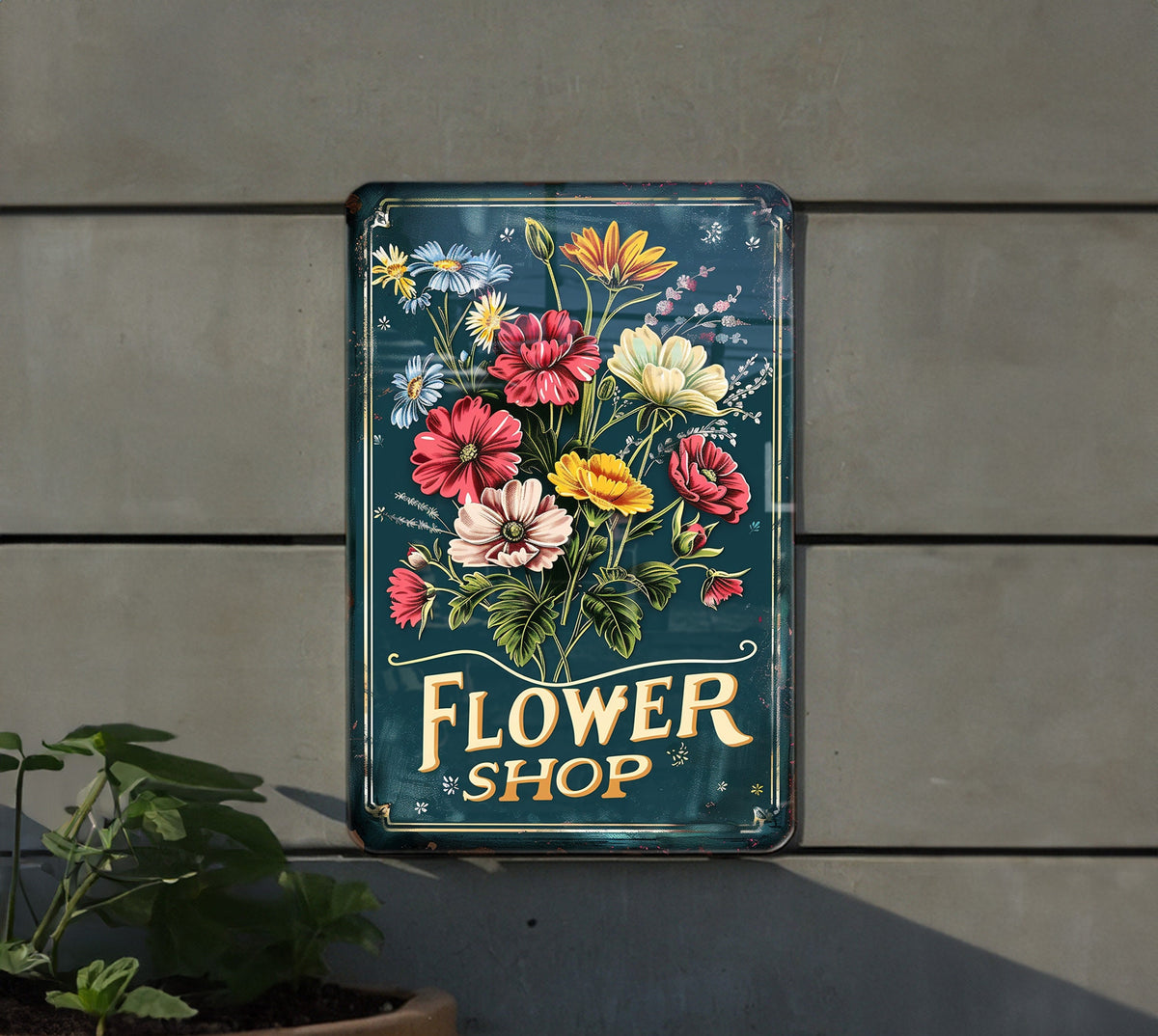 Rustic Flower Shop Metal Sign, Floral Frame, Vibrant Colors, Elegant Font, Flower Illustration — photo 2