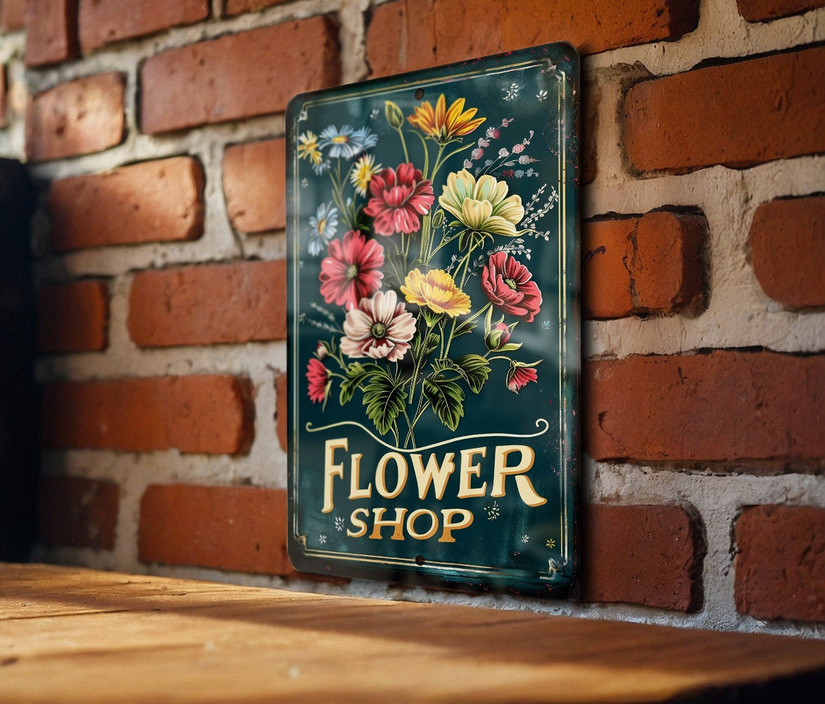 Rustic Flower Shop Metal Sign, Floral Frame, Vibrant Colors, Elegant Font, Flower Illustration — photo 3