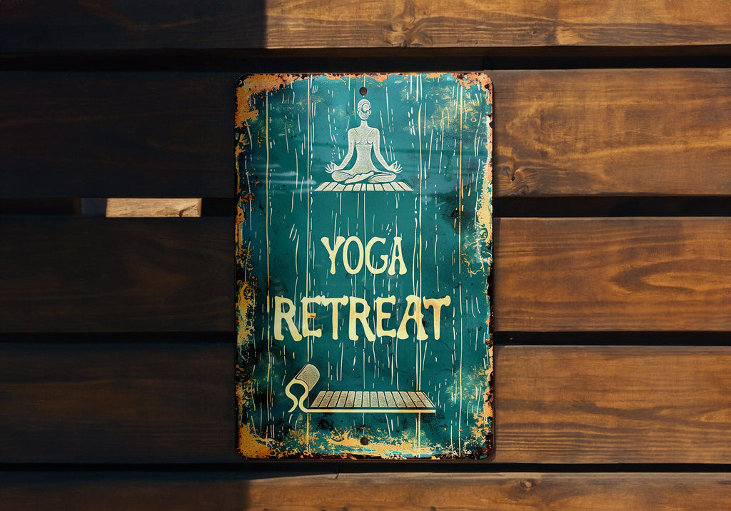 Yoga Retreat Vintage Sign, Yoga Mat Illustration, Calming Tones, Fitness Frame, Bold Font Metal Sign — photo 3