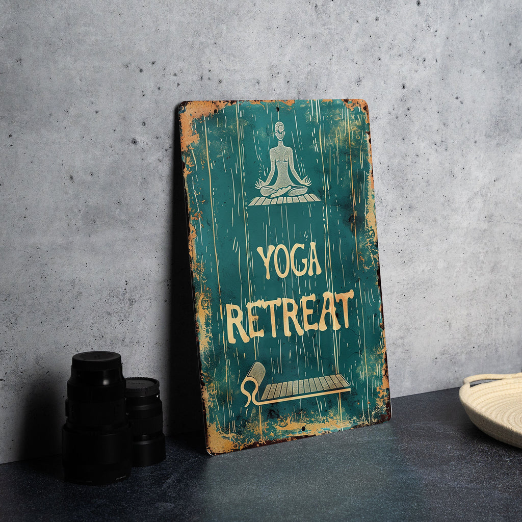 Yoga Retreat Vintage Sign, Yoga Mat Illustration, Calming Tones, Fitness Frame, Bold Font Metal Sign — photo 5