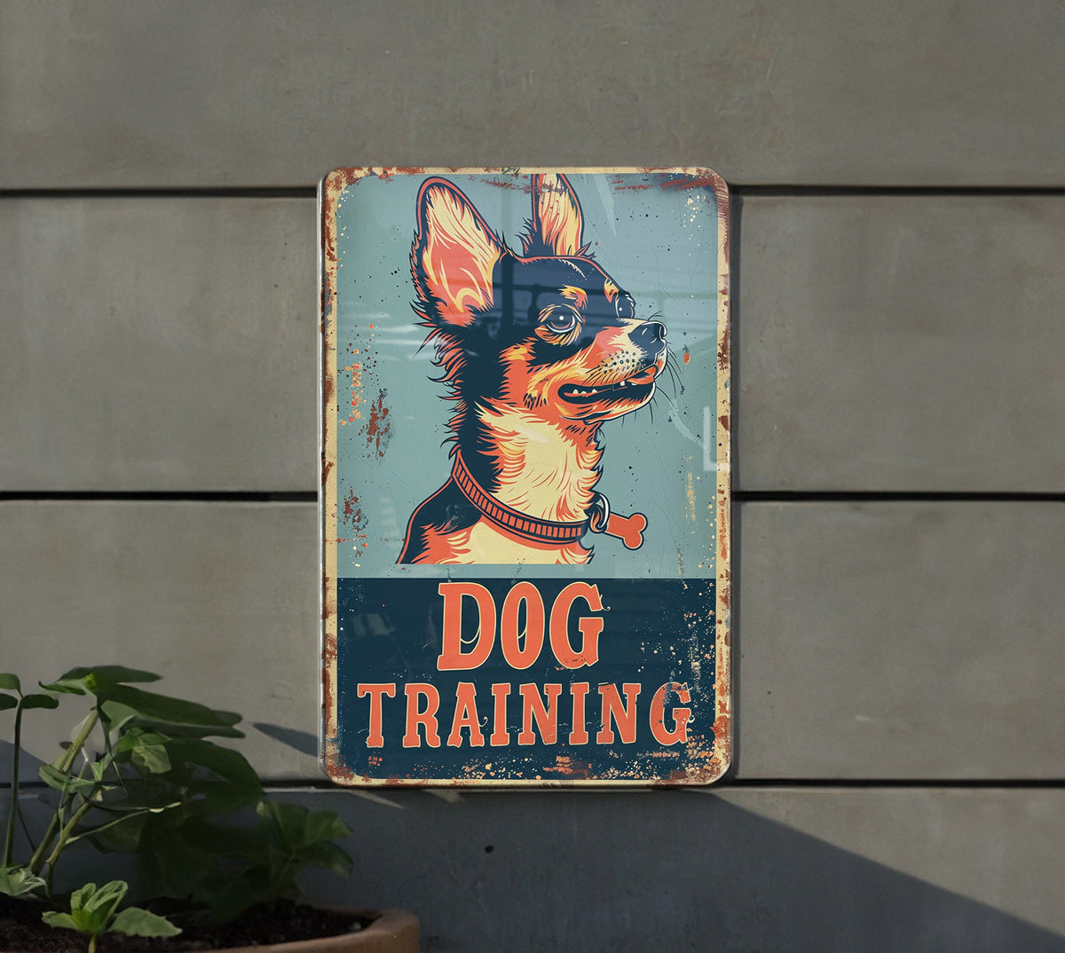DOG TRAINING Vintage Style Metal Sign, Dog Illustration, Bright Colors, Pet Frame, Bold Font — photo 2