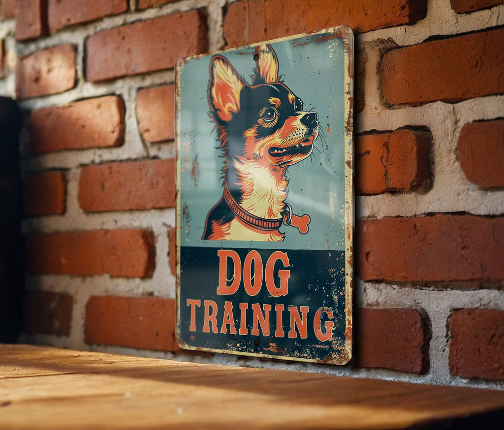 DOG TRAINING Vintage Style Metal Sign, Dog Illustration, Bright Colors, Pet Frame, Bold Font — photo 3