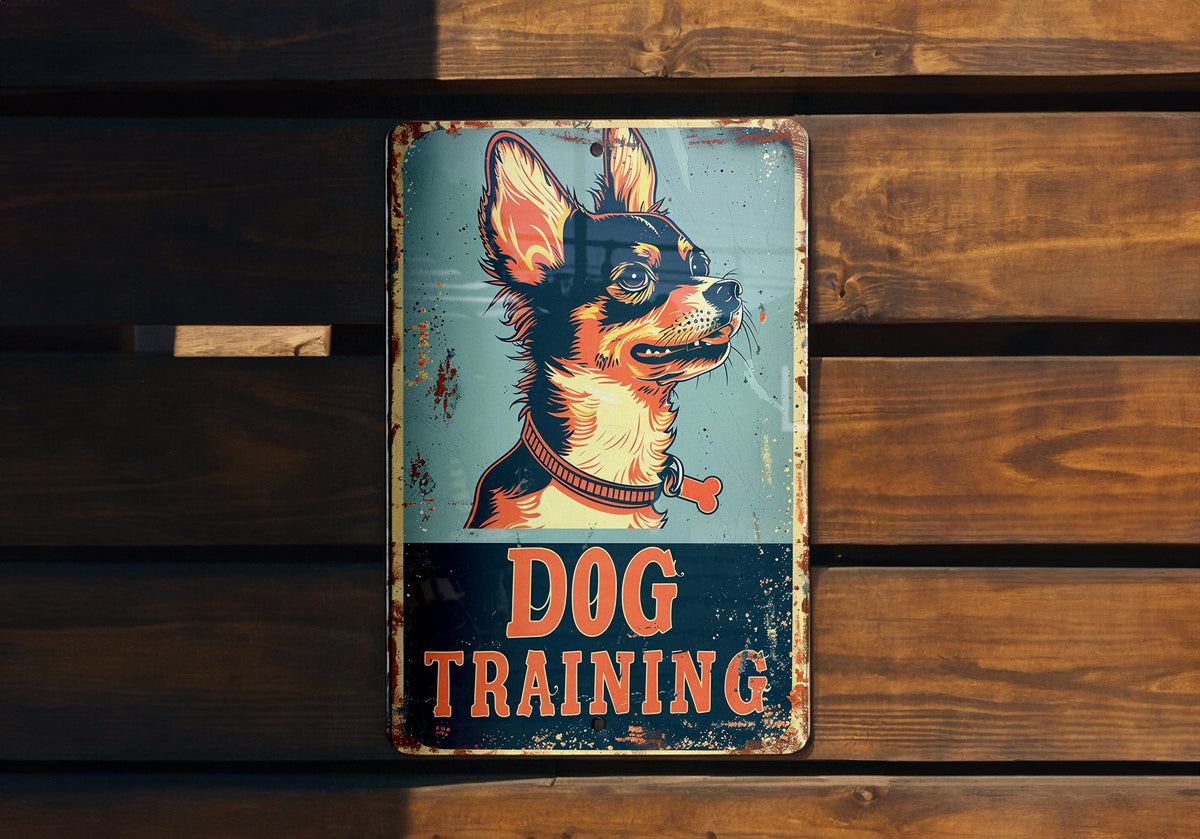 DOG TRAINING Vintage Style Metal Sign, Dog Illustration, Bright Colors, Pet Frame, Bold Font — photo 4