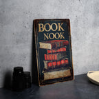 BOOK NOOK Vintage Style Metal Sign, Open Book Illustration, Warm Tones, Classic Border, Literary Font — photo 1