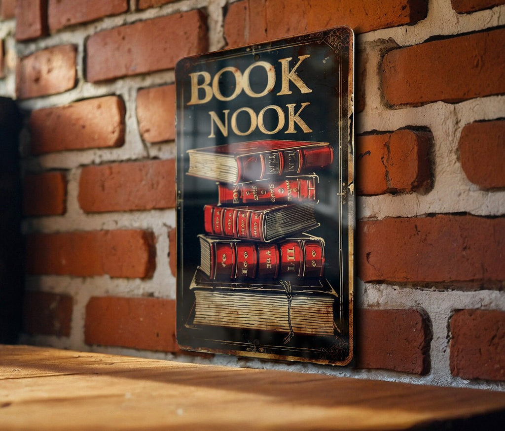 BOOK NOOK Vintage Style Metal Sign, Open Book Illustration, Warm Tones, Classic Border, Literary Font — photo 2