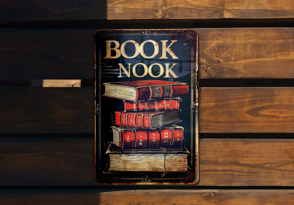 BOOK NOOK Vintage Style Metal Sign, Open Book Illustration, Warm Tones, Classic Border, Literary Font — photo 3