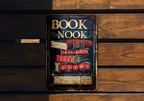 BOOK NOOK Vintage Style Metal Sign, Open Book Illustration, Warm Tones, Classic Border, Literary Font — photo 3