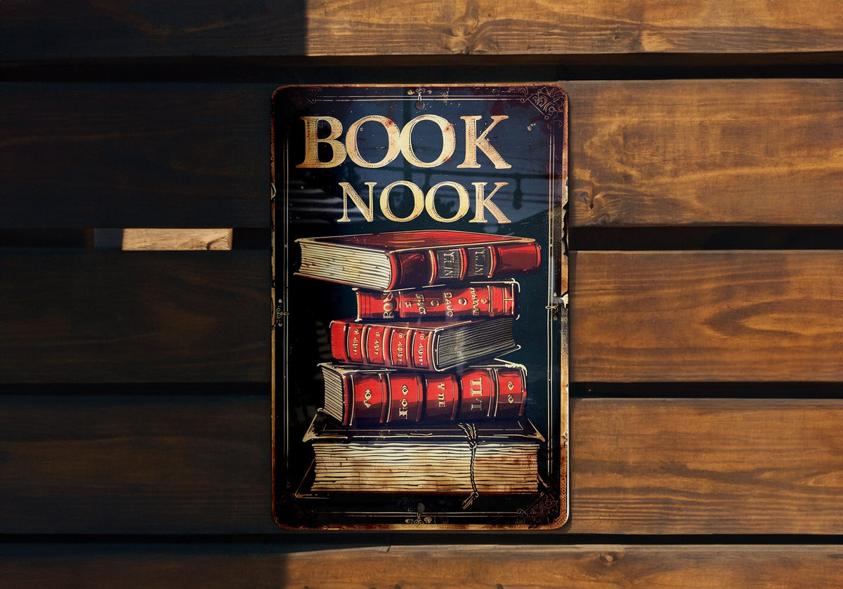 BOOK NOOK Vintage Style Metal Sign, Open Book Illustration, Warm Tones, Classic Border, Literary Font — photo 3