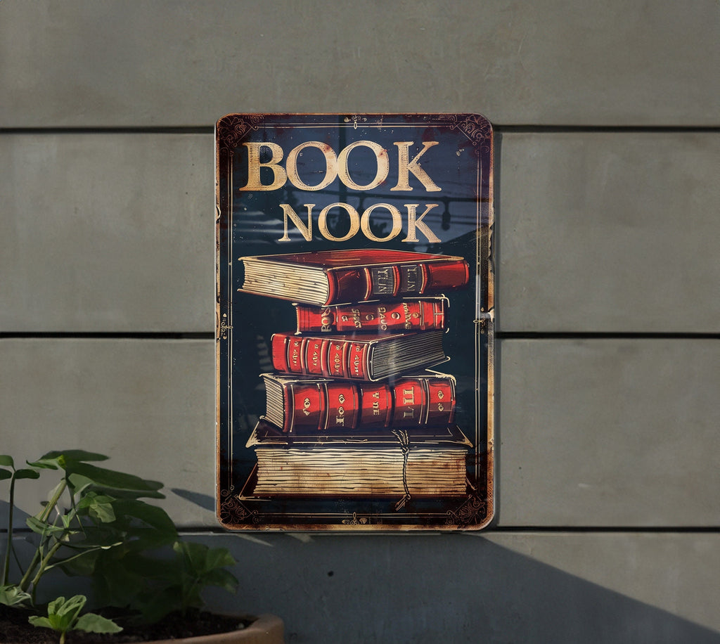 BOOK NOOK Vintage Style Metal Sign, Open Book Illustration, Warm Tones, Classic Border, Literary Font — photo 4