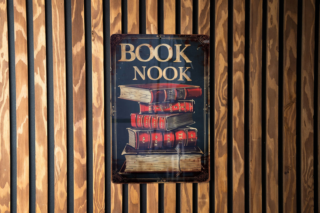 BOOK NOOK Vintage Style Metal Sign, Open Book Illustration, Warm Tones, Classic Border, Literary Font — photo 5