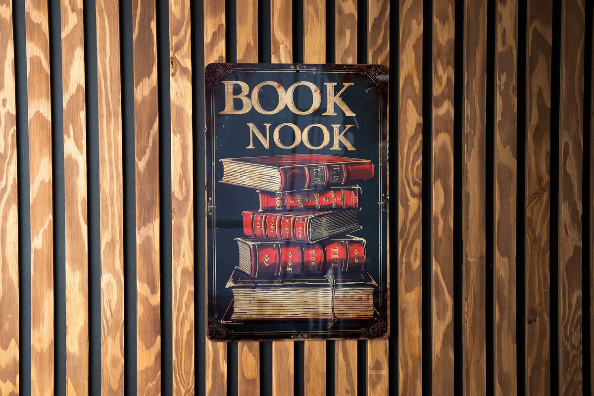 BOOK NOOK Vintage Style Metal Sign, Open Book Illustration, Warm Tones, Classic Border, Literary Font — photo 5