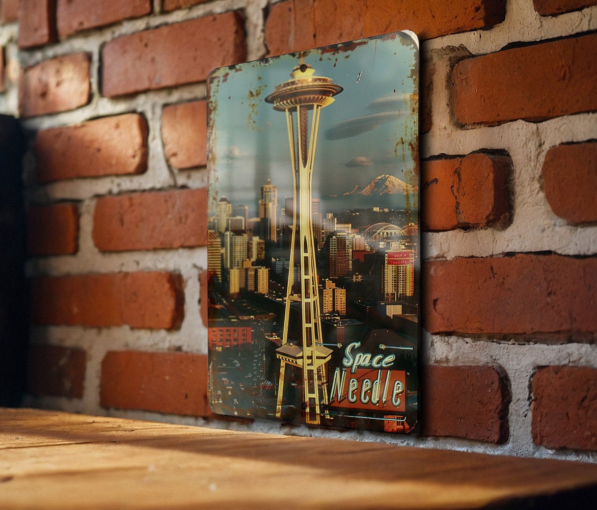 Seattle Space Needle Vintage Metal Sign, Cityscape Decor, Funny Wall Art, Retro Home Accessory, Unique Gift Idea — photo 1