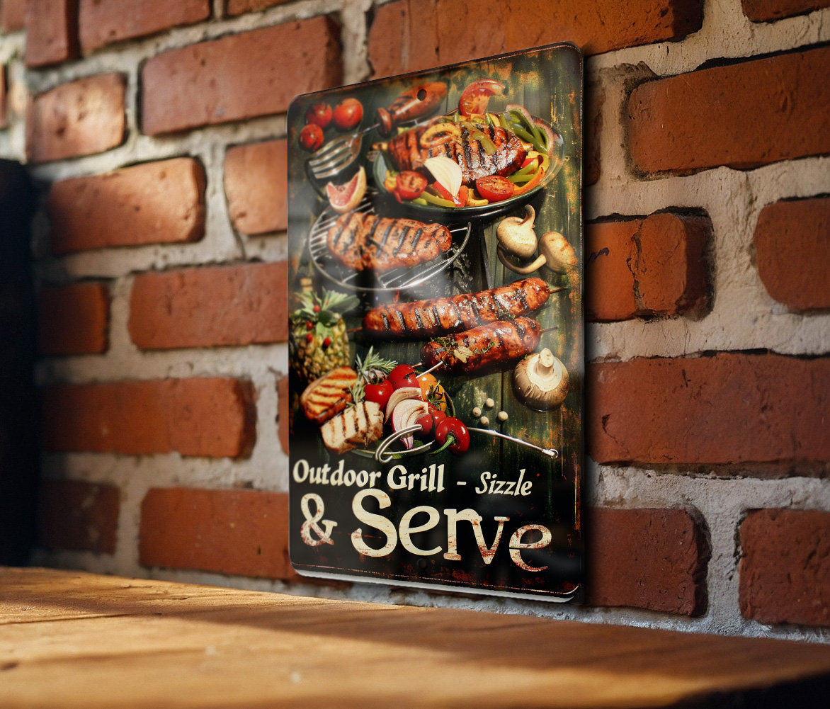 Outdoor Grill Metal Sign, Vintage BBQ Tools, Sizzle & Serve, Grilled Meats Decor, Funny Outdoor Sign — photo 1
