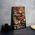 Outdoor Grill Metal Sign, Vintage BBQ Tools, Sizzle & Serve, Grilled Meats Decor, Funny Outdoor Sign — photo 2
