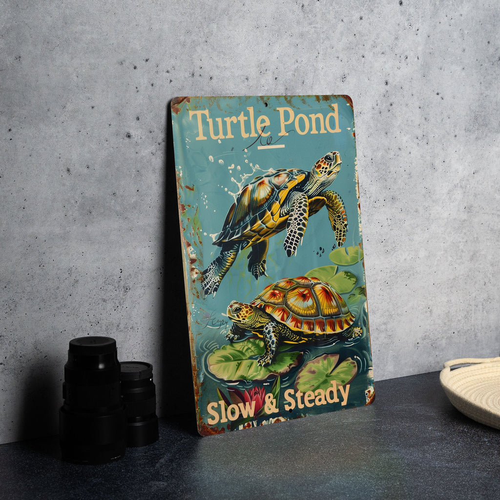 Turtle Pond Metal Sign, Vintage Style, Funny Decor, Water Turtles, Slow & Steady — photo 2