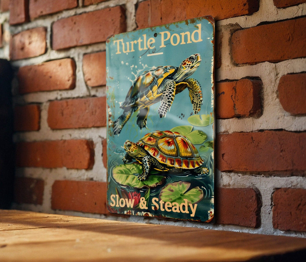 Turtle Pond Metal Sign, Vintage Style, Funny Decor, Water Turtles, Slow & Steady — photo 3