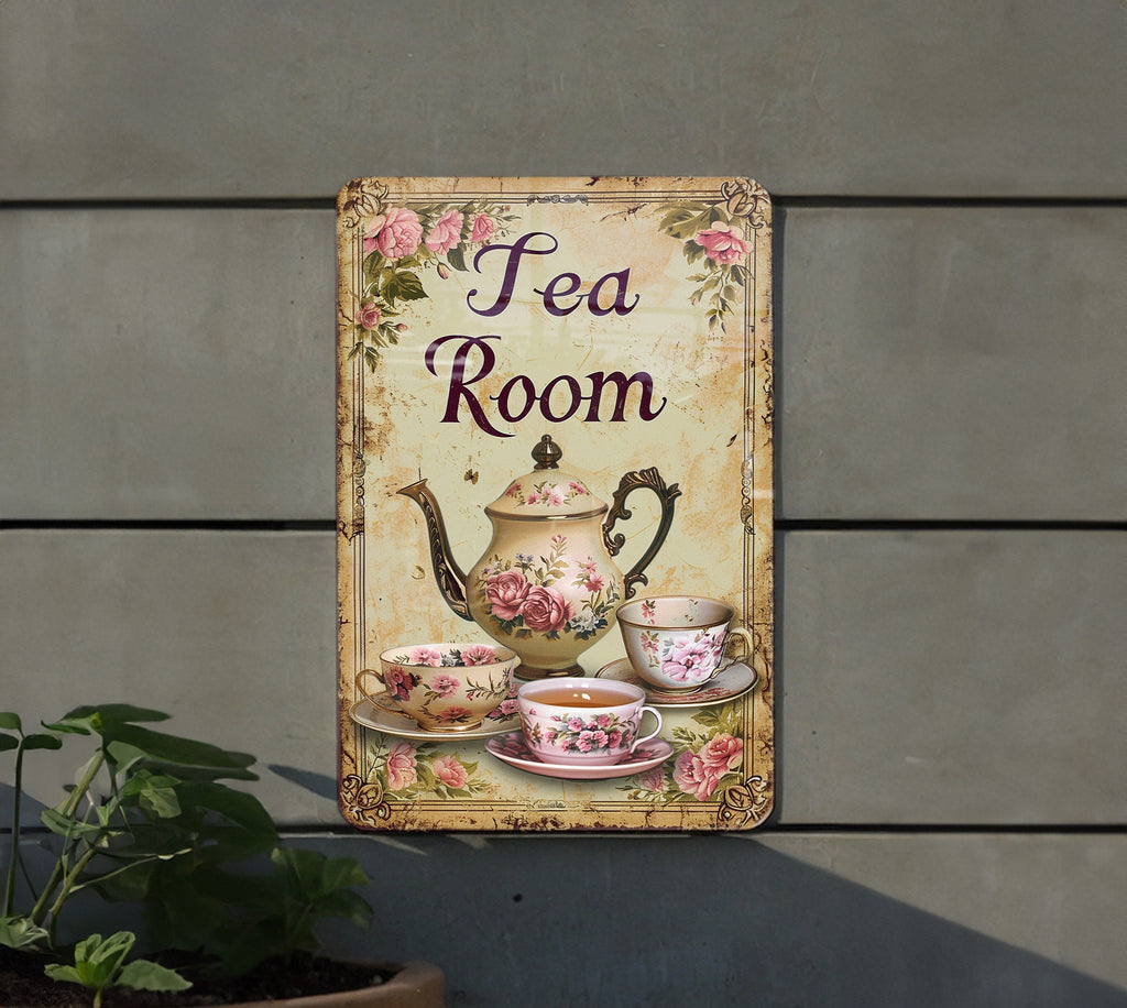 Vintage Teapot and Teacups, Floral Patterns, Muted Tones, Intricate Border, Tea Room Metal Sign — photo 1