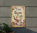 Vintage Teapot and Teacups, Floral Patterns, Muted Tones, Intricate Border, Tea Room Metal Sign — photo 1