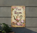 Vintage Teapot and Teacups, Floral Patterns, Muted Tones, Intricate Border, Tea Room Metal Sign — photo 1