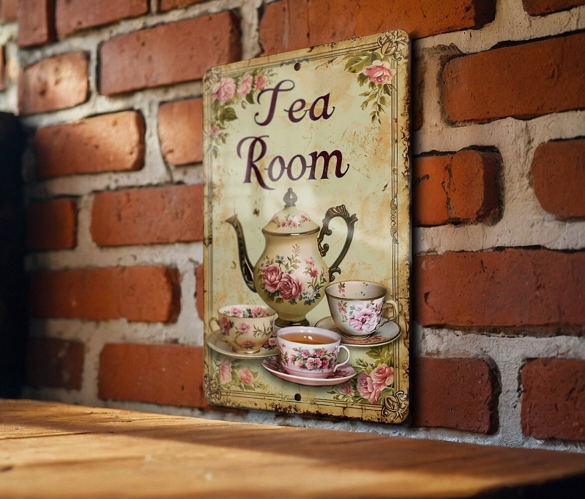 Vintage Teapot and Teacups, Floral Patterns, Muted Tones, Intricate Border, Tea Room Metal Sign — photo 2