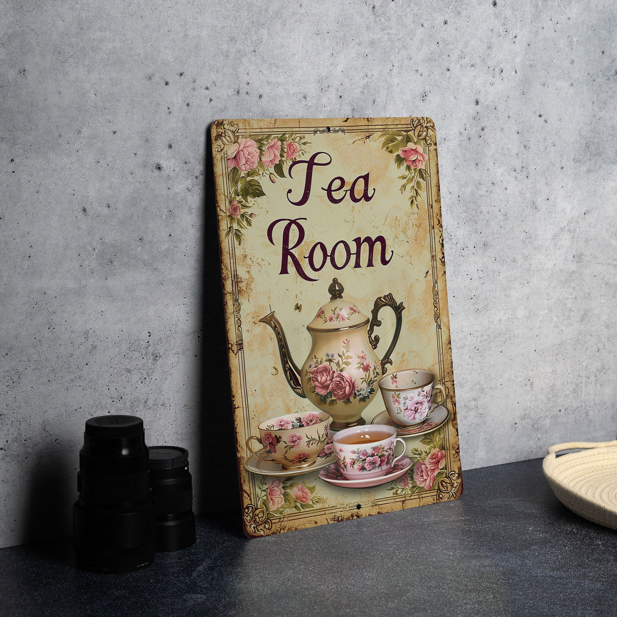 Vintage Teapot and Teacups, Floral Patterns, Muted Tones, Intricate Border, Tea Room Metal Sign — photo 3