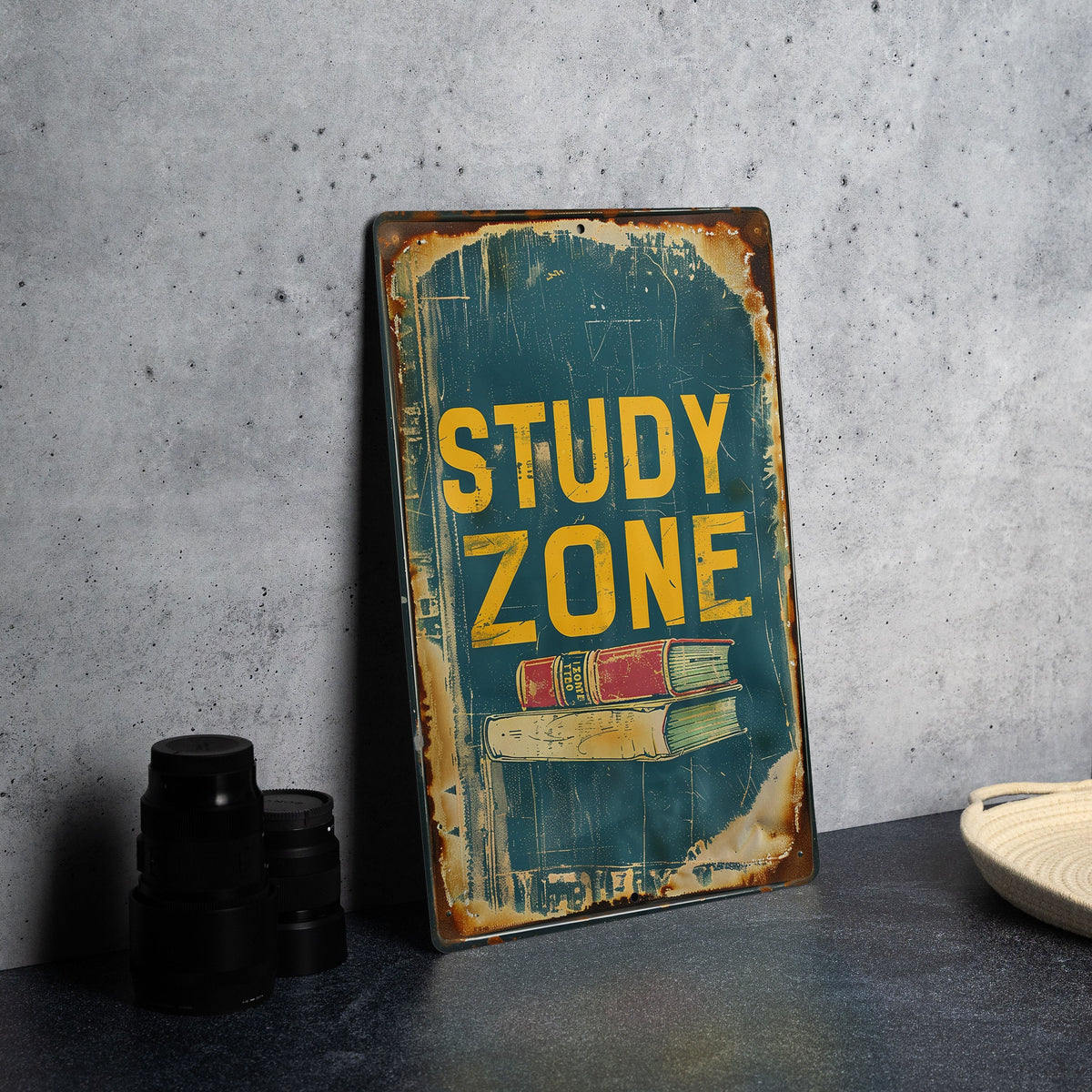 Study Zone Metal Sign, Vintage Style, Book Illustration, Primary Colors, Educational Frame, Childlike Font — photo 1