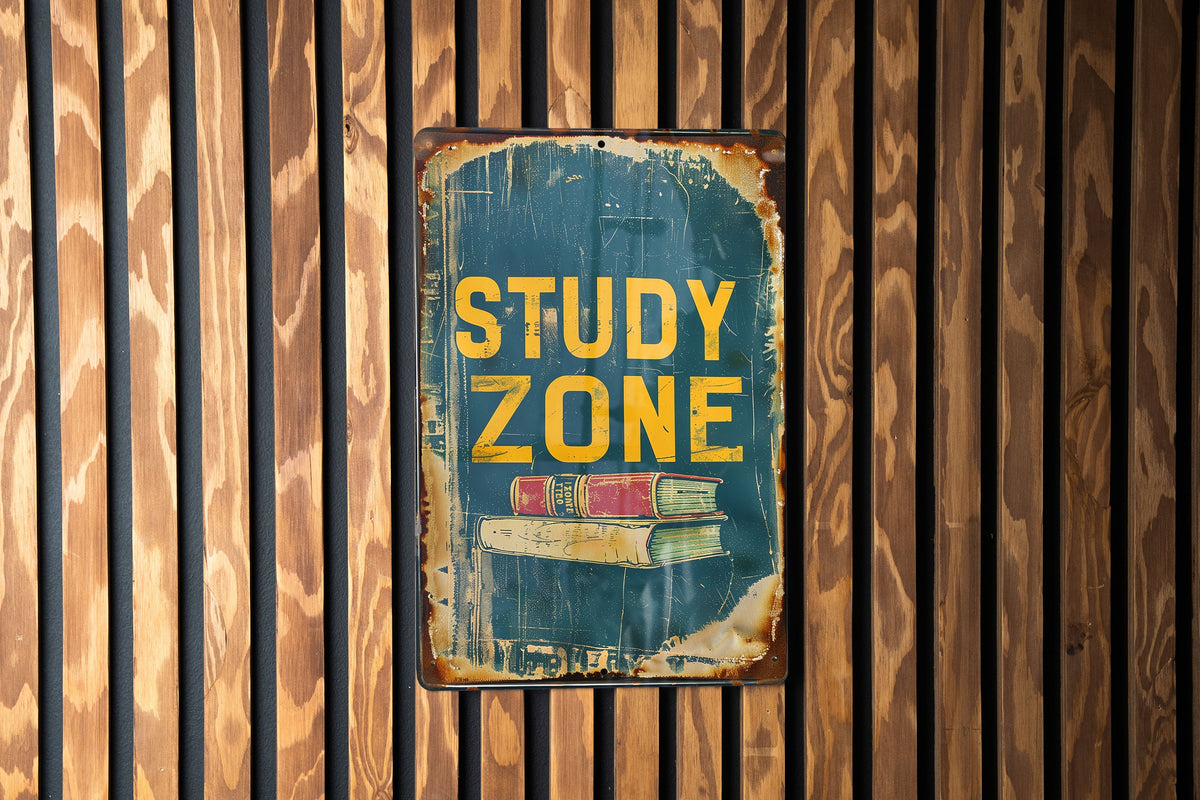 Study Zone Metal Sign, Vintage Style, Book Illustration, Primary Colors, Educational Frame, Childlike Font — photo 2