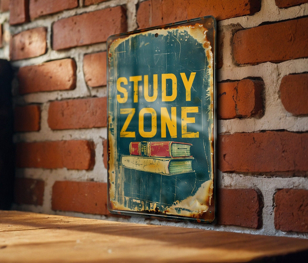Study Zone Metal Sign, Vintage Style, Book Illustration, Primary Colors, Educational Frame, Childlike Font — photo 3