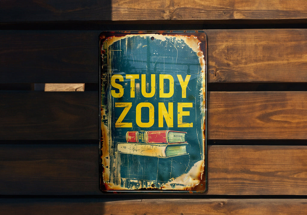 Study Zone Metal Sign, Vintage Style, Book Illustration, Primary Colors, Educational Frame, Childlike Font — photo 4
