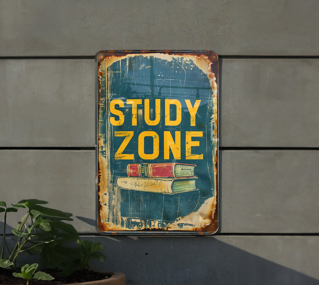 Study Zone Metal Sign, Vintage Style, Book Illustration, Primary Colors, Educational Frame, Childlike Font — photo 5