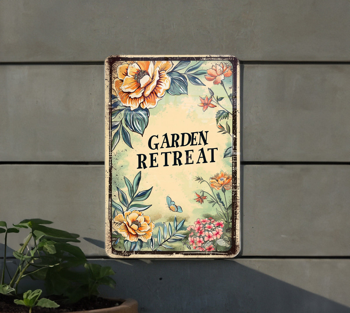 GARDEN RETREAT Vintage Metal Sign - Vintage Garden, Flower Illustration, Soft Pastels, Garden Frame, Elegant Font Gift Idea — photo 1