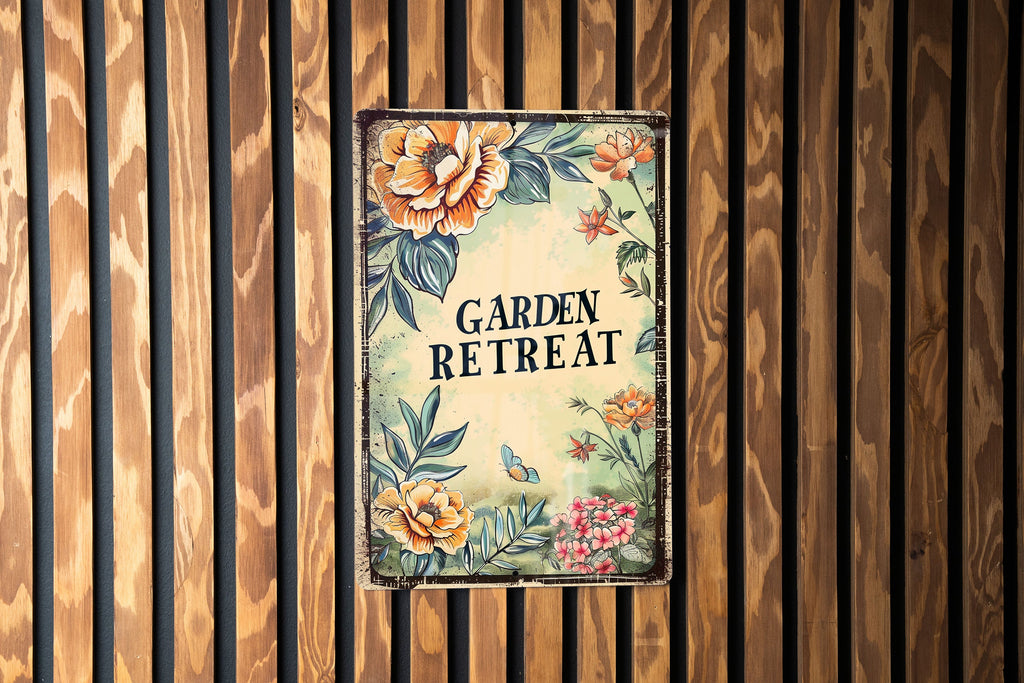 GARDEN RETREAT Vintage Metal Sign - Vintage Garden, Flower Illustration, Soft Pastels, Garden Frame, Elegant Font Gift Idea — photo 2