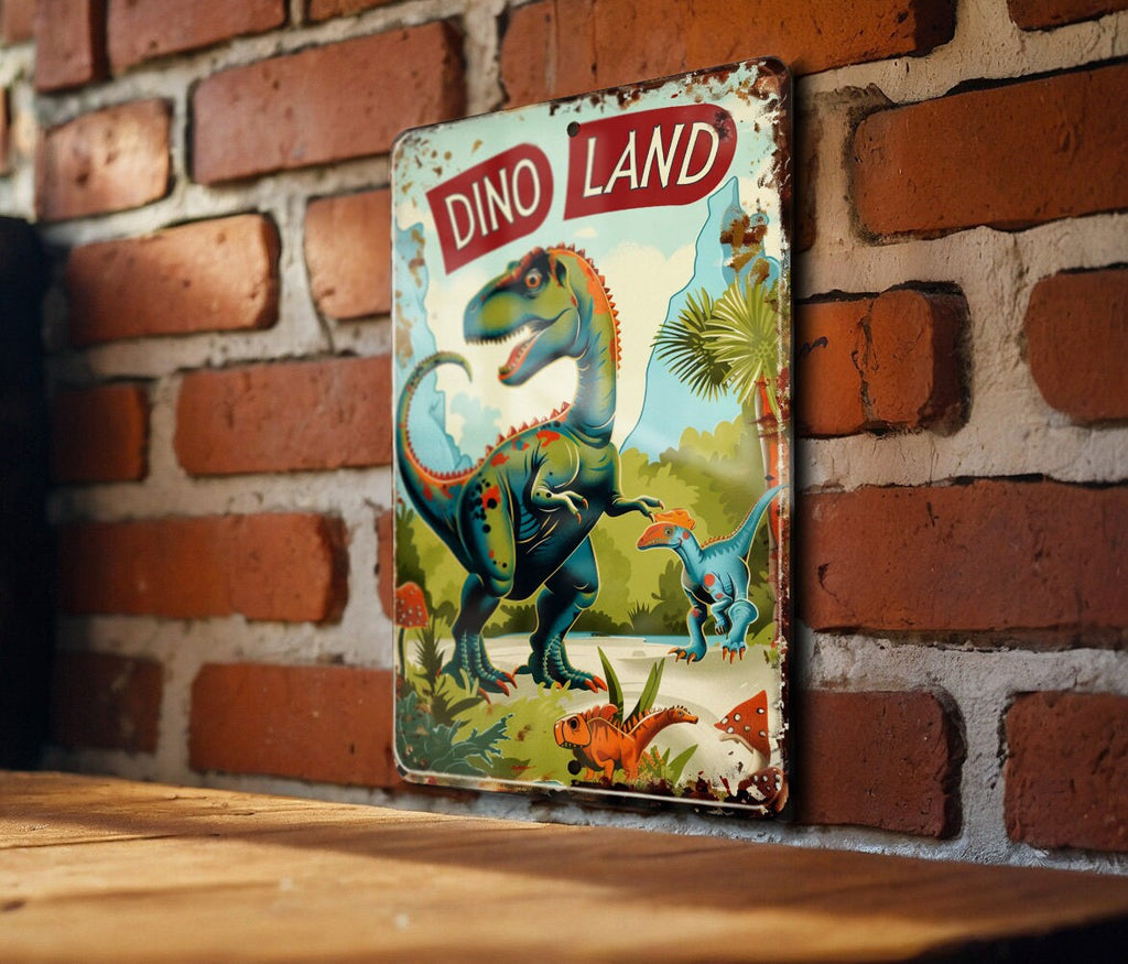 DINO LAND Vintage Metal Sign - Children's Decor, Cartoon Dinosaur, Bright Colors, Fun Border, Friendly Font — photo 2