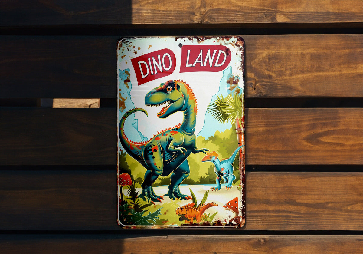DINO LAND Vintage Metal Sign - Children's Decor, Cartoon Dinosaur, Bright Colors, Fun Border, Friendly Font — photo 4