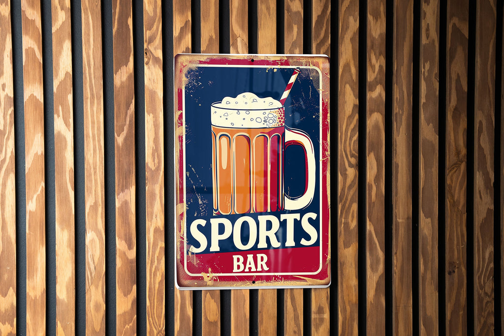Vintage Sports Bar Metal Sign, Beer Mug Illustration, Team Colors, Sports Frame, Bold Font — photo 2