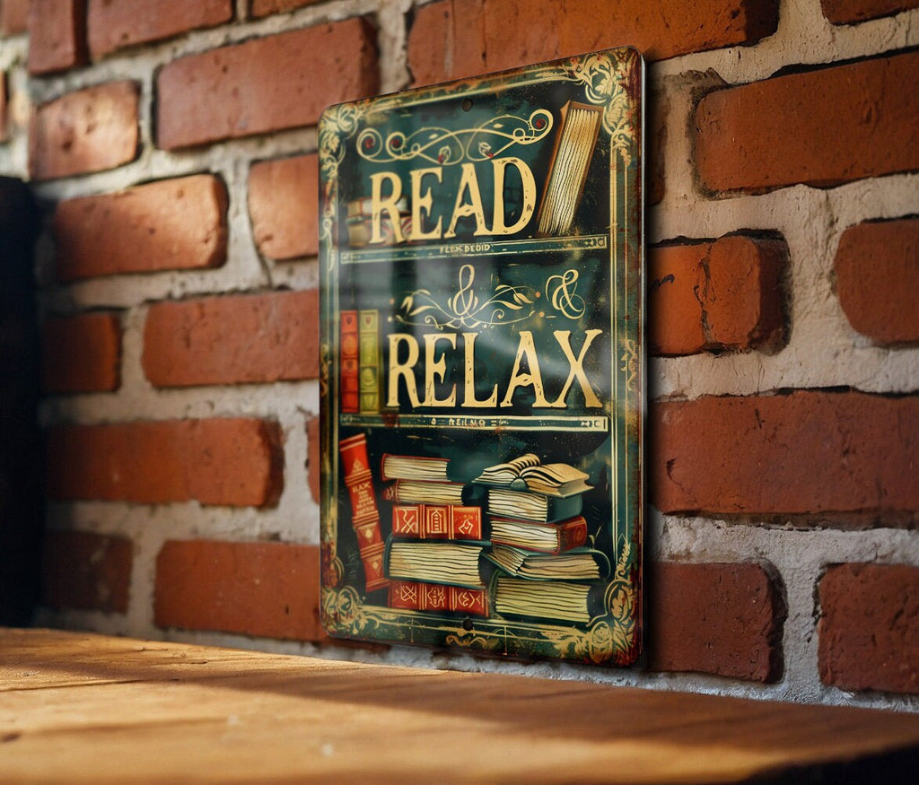 Vintage Style READ & RELAX Metal Sign - Home Library, Bookshelf Illustration, Warm Tones, Classic Border, Literary Font — photo 1