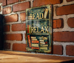 Vintage Style READ & RELAX Metal Sign - Home Library, Bookshelf Illustration, Warm Tones, Classic Border, Literary Font — photo 1