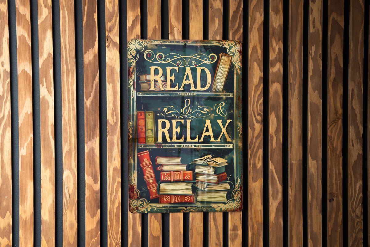 Vintage Style READ & RELAX Metal Sign - Home Library, Bookshelf Illustration, Warm Tones, Classic Border, Literary Font — photo 2