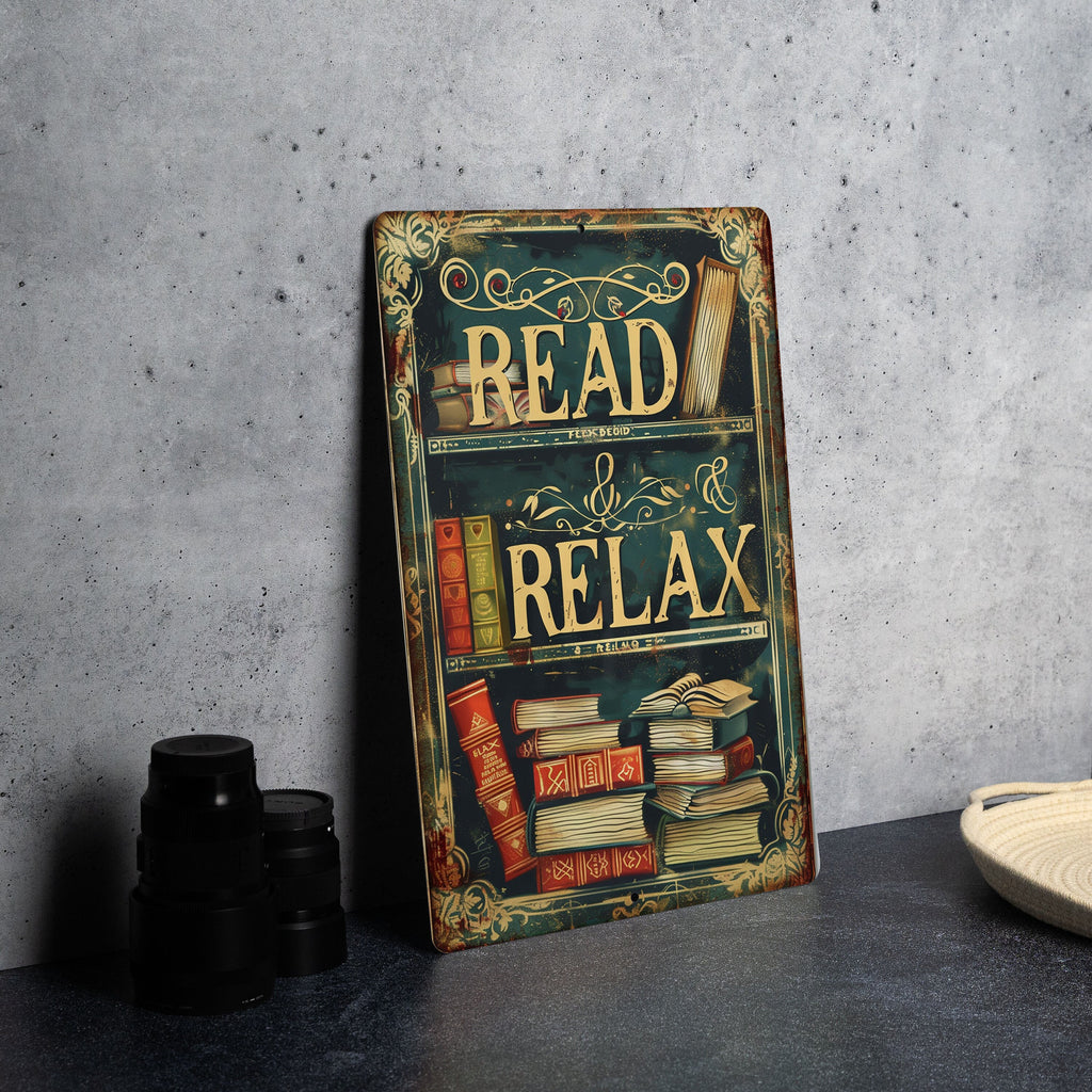 Vintage Style READ & RELAX Metal Sign - Home Library, Bookshelf Illustration, Warm Tones, Classic Border, Literary Font — photo 3