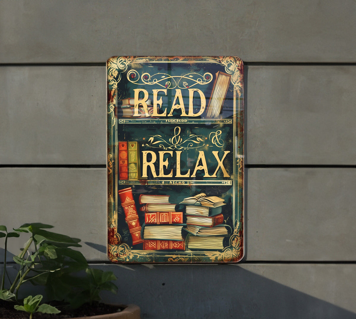 Vintage Style READ & RELAX Metal Sign - Home Library, Bookshelf Illustration, Warm Tones, Classic Border, Literary Font — photo 4