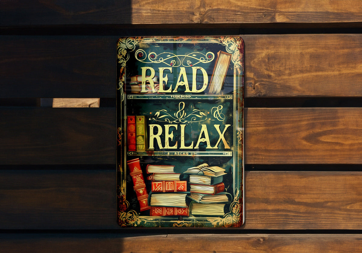 Vintage Style READ & RELAX Metal Sign - Home Library, Bookshelf Illustration, Warm Tones, Classic Border, Literary Font — photo 5