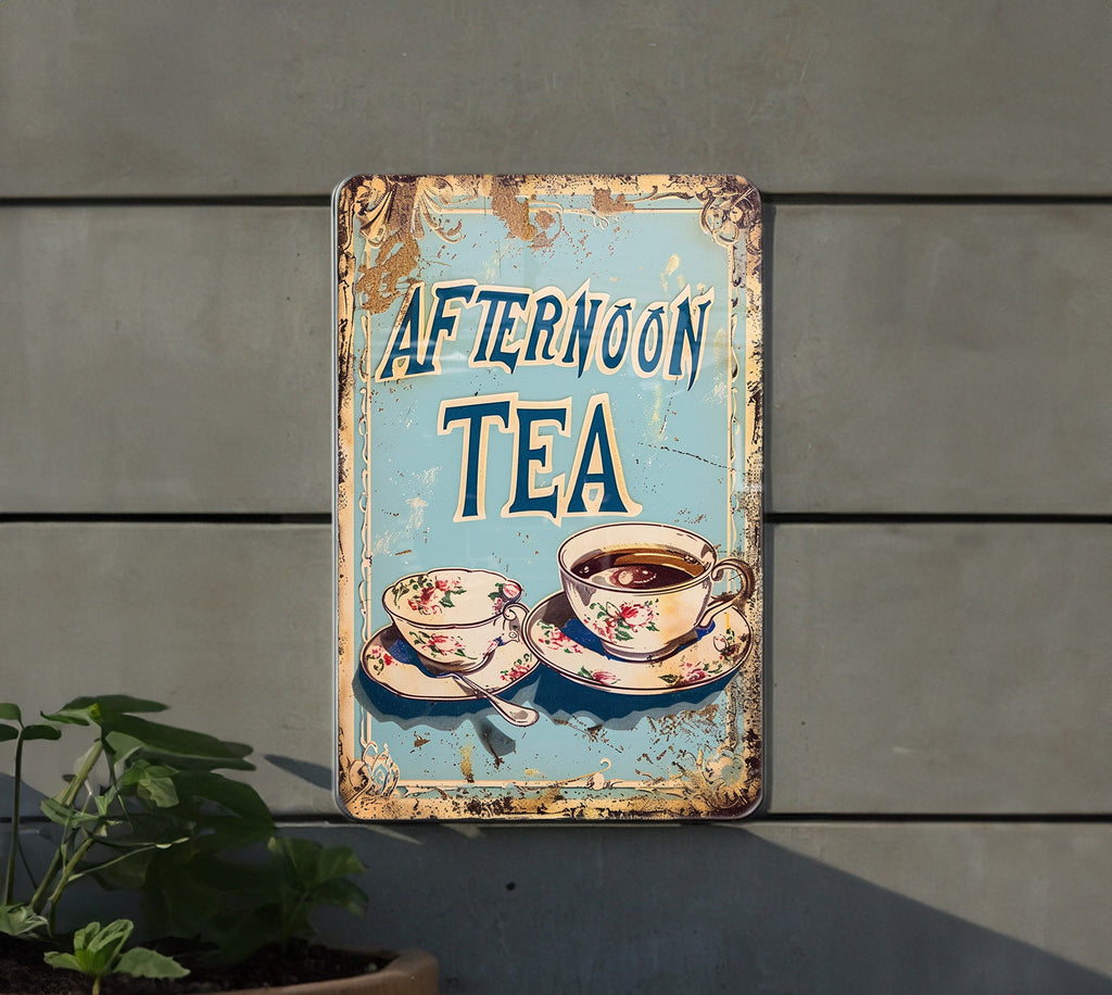 Afternoon Tea Vintage Style Metal Sign - Cafes, Teacup Illustration, Soft Pastels, Cafe Frame, Playful Font — photo 1